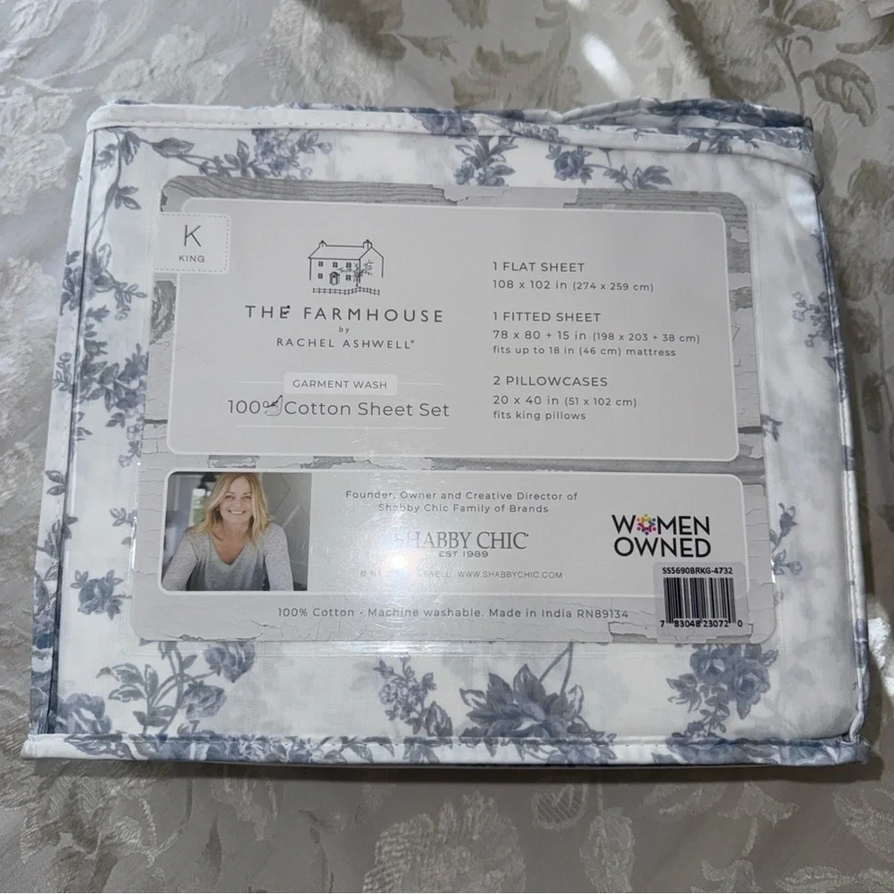 Shabby chic cotton king sheet set roses blue new